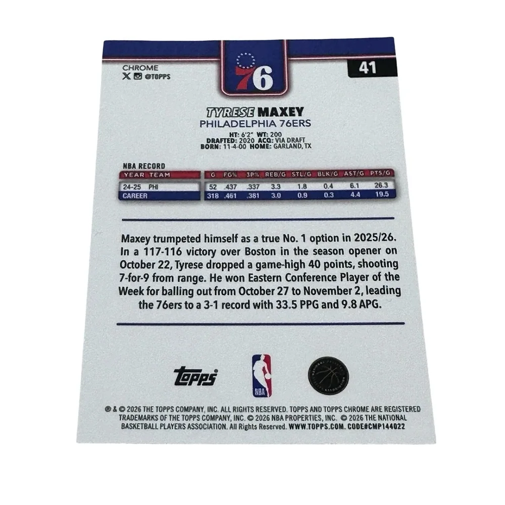 2024-25 Topps Chrome Update Tyrese Maxey Philadelphia 76ers #41 Prism Refractor